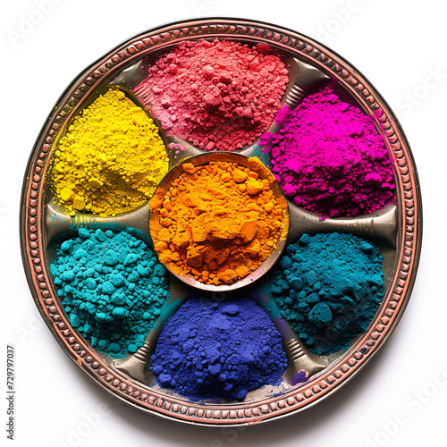 Vibrant Holi colors neatly arranged in a decorative plate on a clean white background, ready for celebration --v 6 Job ID: 95d1771e-5e8f-42d5-b301-9d247da2d875