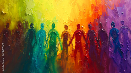 figures forming a human rainbow with each person drenched in different Holi colors