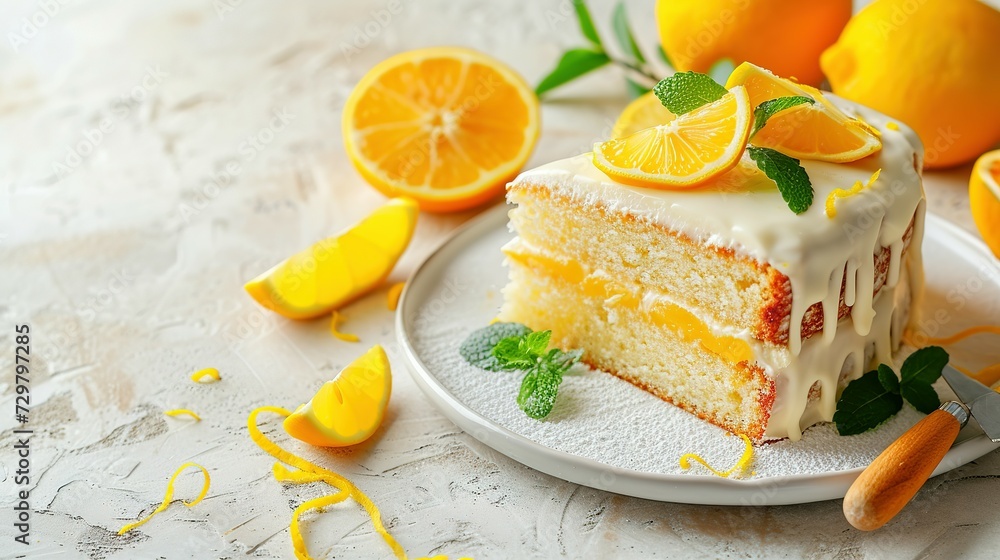 Cut tasty lemon cake with glaze and citrus fruits on light grey textured table, space for text Cut tasty lemon cake with glaze and citrus fruits on light grey textured table, space for text