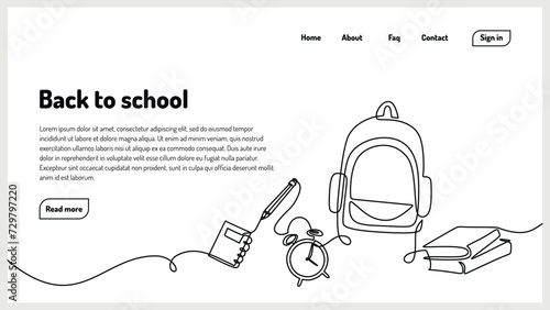 Back to school landing page minimalism. One continuous line drawing. Vector illustration student bag with study tools. Education concept banner.