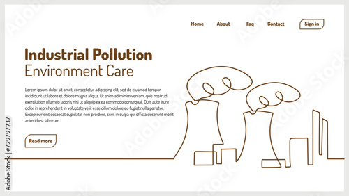 Industrial pollution continuous one line drawing. Industry environment care concept. Landing page template vector illustration.