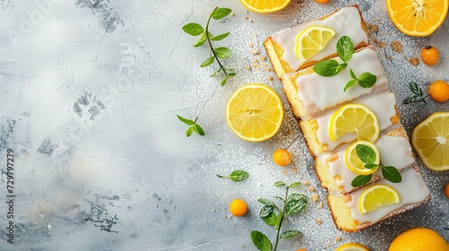 Cut tasty lemon cake with glaze and citrus fruits on light grey textured table, space for text