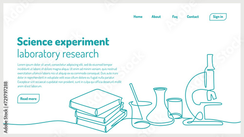 Chemical lab equipment landing page. One line continuous drawing scientific tools. Research and development concept.