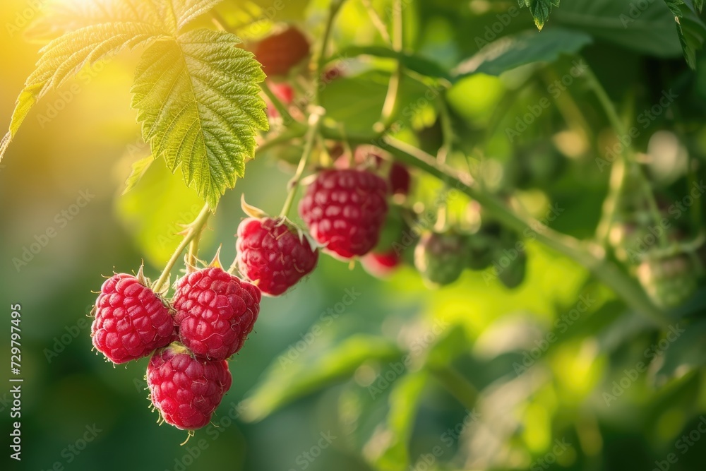 Branch of ripe raspberries in a garden Branch of ripe raspberries in a garden