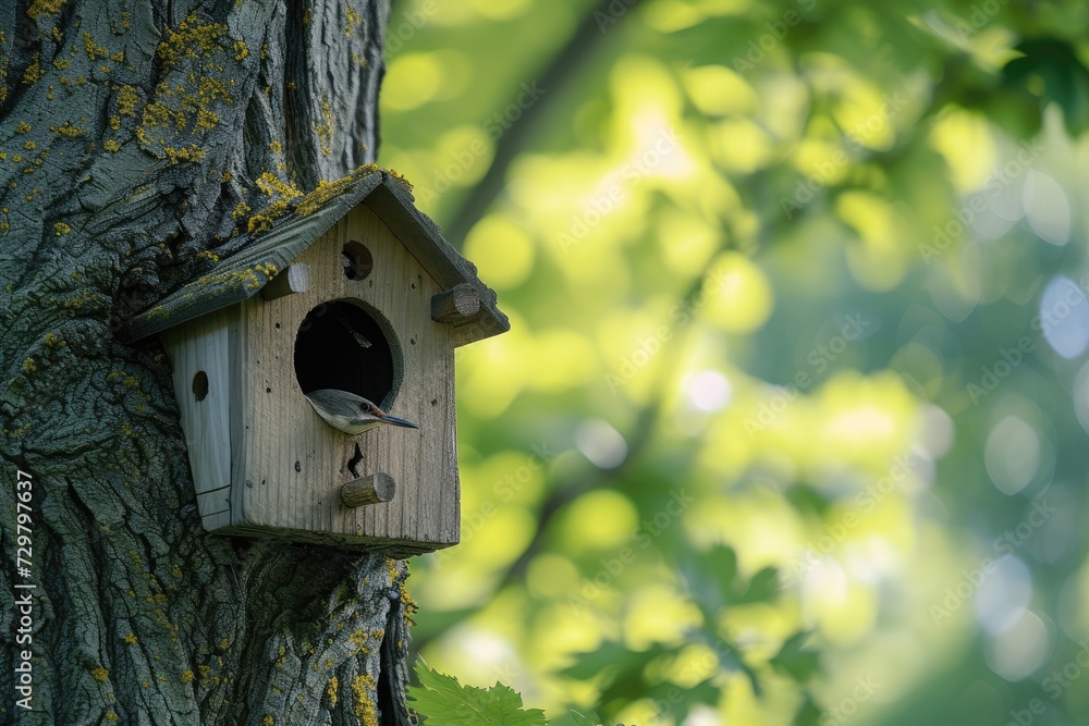 Wooden bird house on the tree