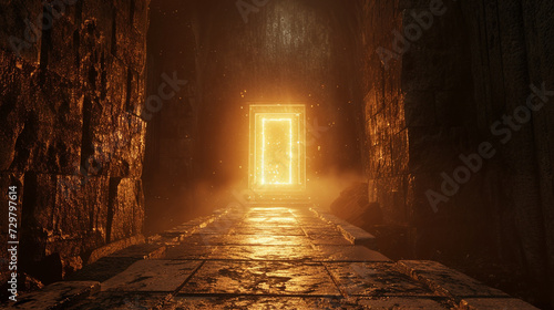 Medieval castle with a secret portal, leading to an ancient passage with glowing enchantment