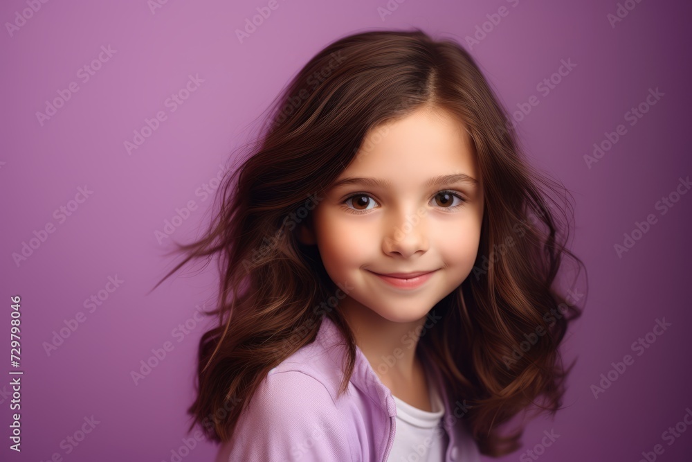 Portrait of a beautiful little girl with long hair on a purple background. Portrait of a beautiful little girl with long hair on a purple background.