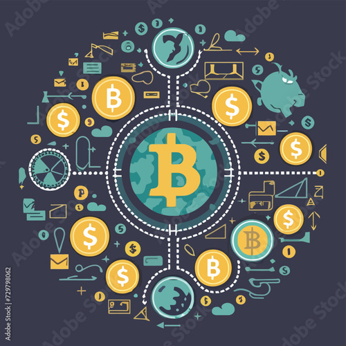 2d vector illustration colorful trading over the world map money bitcoin crypto 
