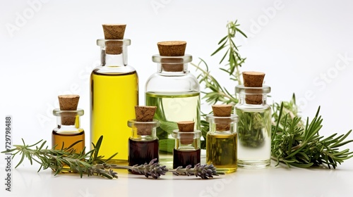Small bottles with essential oils  herbs and spices. Still life with natural medicines . Oils for spa  massage and treatment centers. The concept of wellness and a healthy lifestyle.