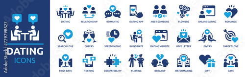 Dating icon set. Containing dating app, relationship, romance, speed dating, date, search love, matchmaking and more. Vector solid icons collection.