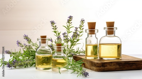 Small bottles with essential oils  herbs and spices. Still life with natural medicines . Oils for spa  massage and treatment centers. The concept of wellness and a healthy lifestyle.