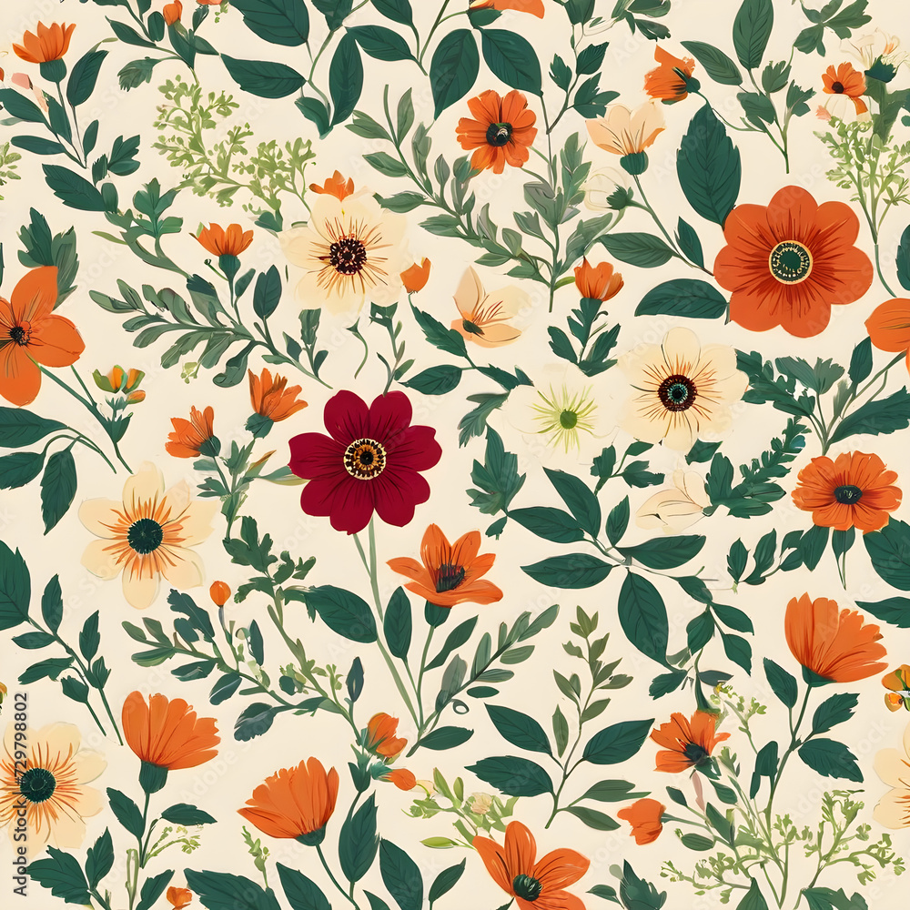 Seamless flowers on a cream colored background.