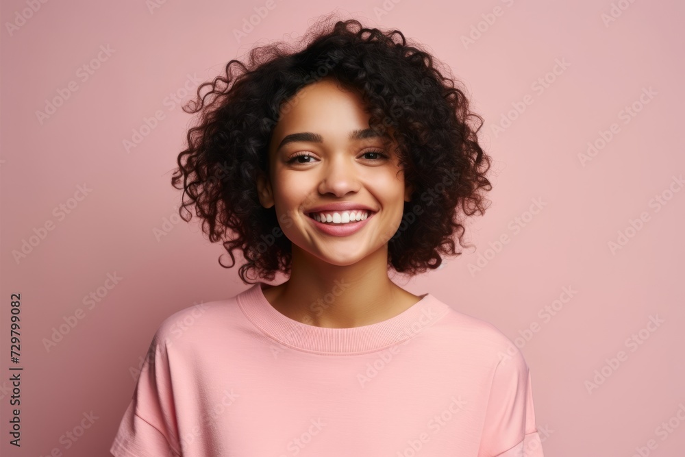 Beautiful african american woman with curly hair on pink background Beautiful african american woman with curly hair on pink background