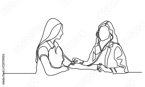continuous line drawing A female doctor with a stethoscope treats a patient woman. single line the doctor is examining the patient in the hospital. Concept of hospital and health care service .