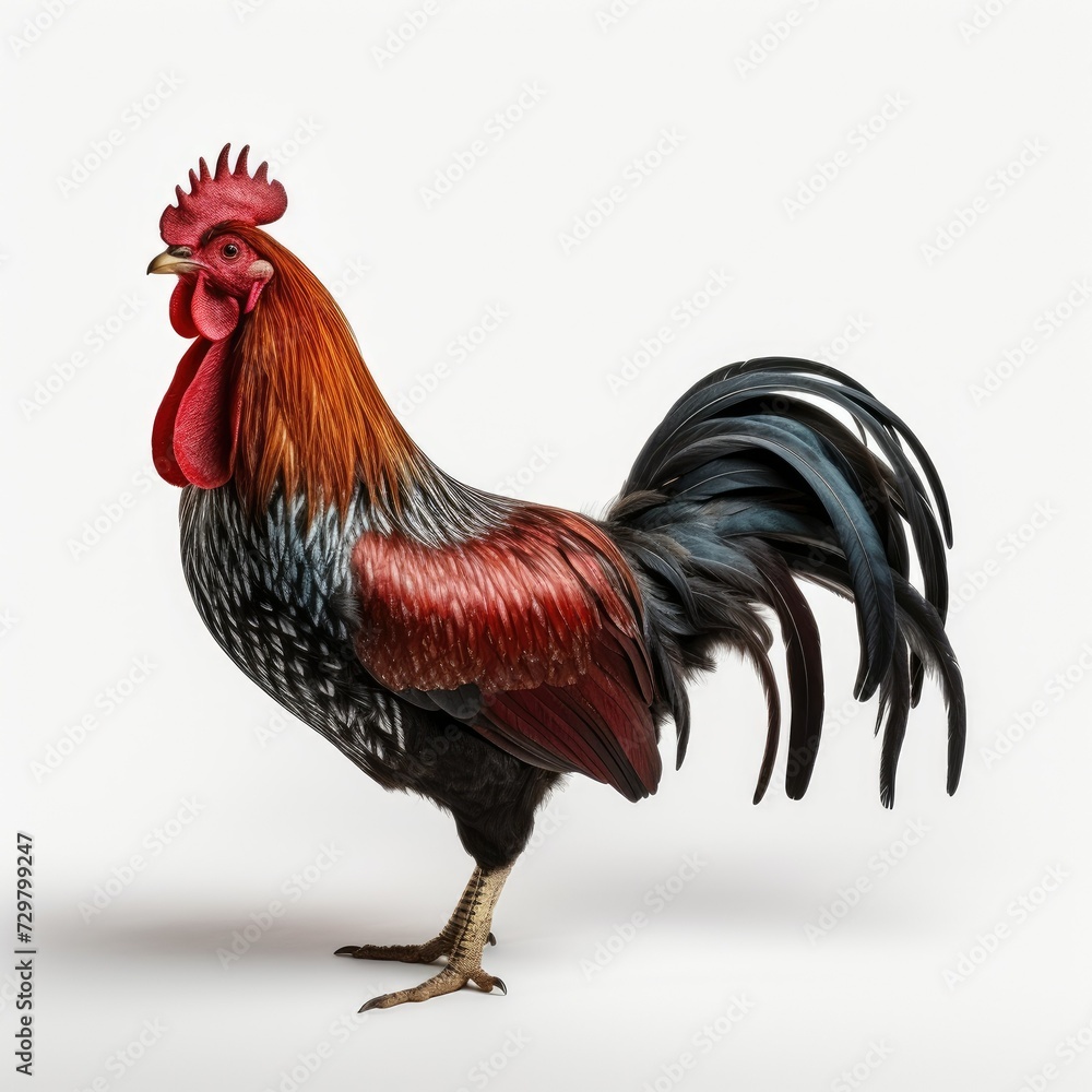 Fototapeta premium Majestic rooster standing side view on white background, vibrant plumage, farm animal.