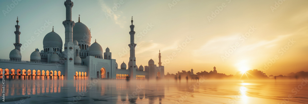 Cultural Reverence and Spiritual Harmony: Ramadan Reflections at the Grand Mosque, Sunset Silhouette of Sheikh Zayed Grand Mosque with Reflective Pools - Spiritual Landmark. - obrazy, fototapety, plakaty 