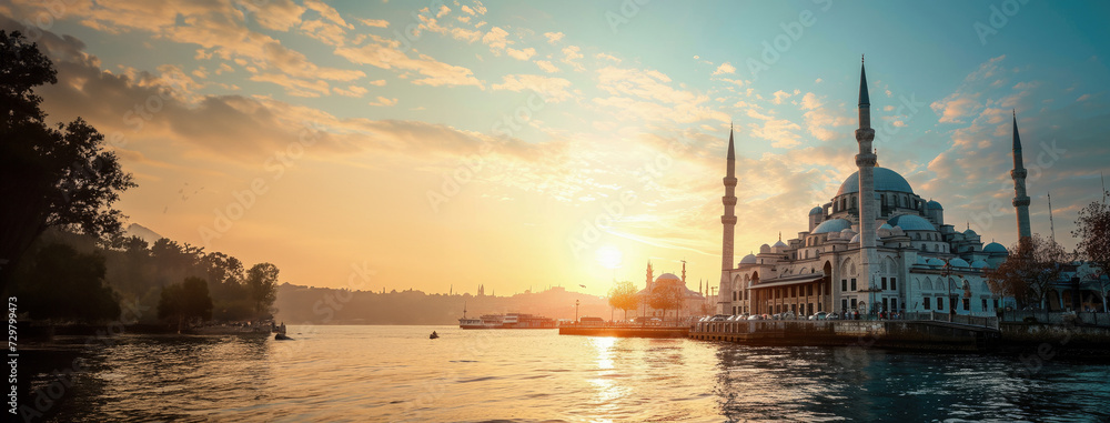 Naklejka premium Cultural Reverence and Spiritual Harmony: Ramadan Reflections at the Grand Mosque, Sunset Silhouette of Sheikh Zayed Grand Mosque with Reflective Pools - Spiritual Landmark.