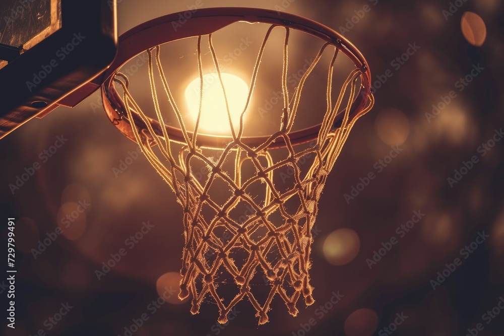 a basketball hoop with a net in the dark