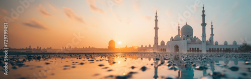Cultural Reverence and Spiritual Harmony: Ramadan Reflections at the Grand Mosque, Sunset Silhouette of Sheikh Zayed Grand Mosque with Reflective Pools - Spiritual Landmark.