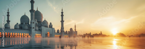 Cultural Reverence and Spiritual Harmony: Ramadan Reflections at the Grand Mosque, Sunset Silhouette of Sheikh Zayed Grand Mosque with Reflective Pools - Spiritual Landmark.