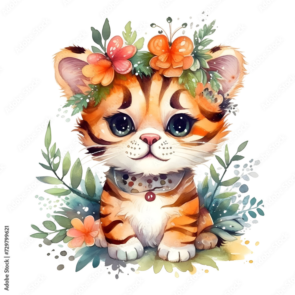 Cute cartoon watercolor tiger with flowers on a transparent background Cute cartoon watercolor tiger with flowers on a transparent background