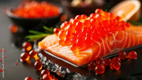 Food rich in astaxanthin with structural chemical formula of astaxanthin. Natural sources of astaxanthin salmon, caviar, trout, shrimps, fish. Astaxanthin is a red pigment, carotenoid and antioxidant