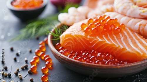 Food rich in astaxanthin with structural chemical formula of astaxanthin. Natural sources of astaxanthin salmon, caviar, trout, shrimps, fish. Astaxanthin is a red pigment, carotenoid and antioxidant