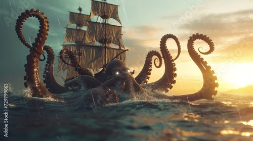 Enormous octopus attacks pirate ship in epic sea battle fantasy illustration Seamless looping 4k time-lapse virtual video animation background. Generated AI photo