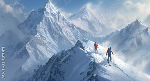 two skiers crossing the snow
