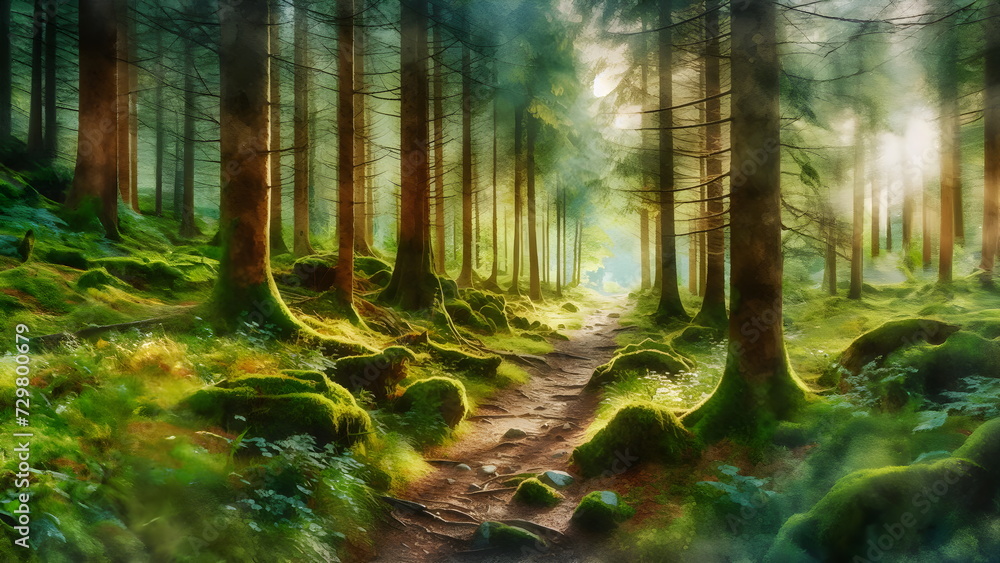 Fototapeta premium Enchanting wild forest path with watercolor effect