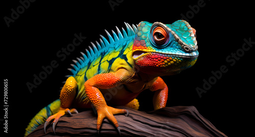 a colorful lizard with an eye is sitting on a black background