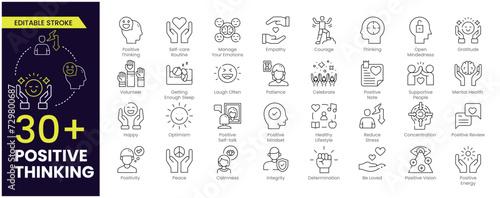 Positive thinking Editable Stroke icon. Containing self-care, optimism, be loved, healthy lifestyle, happiness, positive mindset and more icons. Editable Outline icon collection.