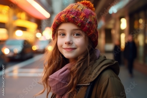 portrait of a beautiful girl in a warm hat on the street © Inigo