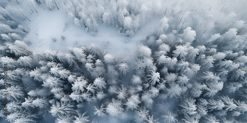 White background texture of a frozen forest at winter top aerial view.