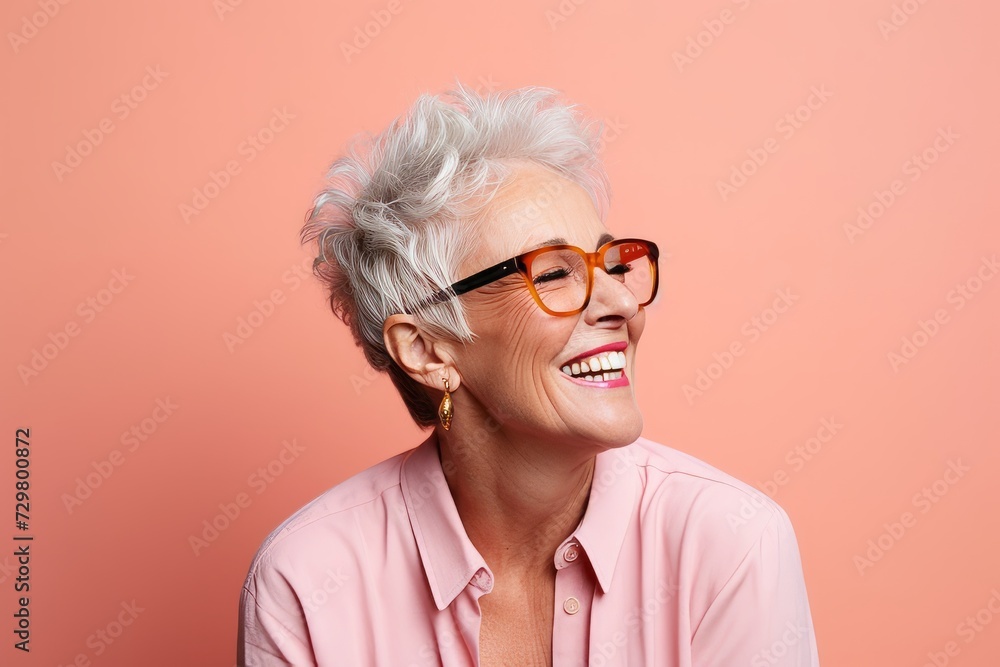 Portrait of happy senior woman in eyeglasses on pink background