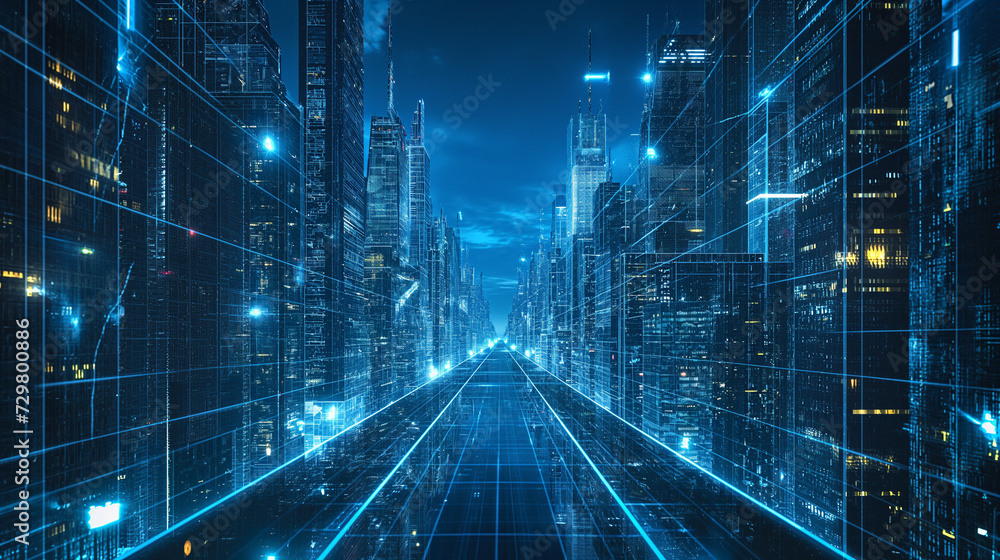 A futuristic cyber city at night, with holographic buildings and screens, with a cool blue lighting A futuristic cyber city at night, with holographic buildings and screens, with a cool blue lighting