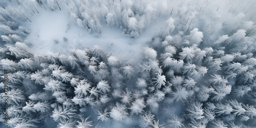 White background texture of a frozen forest at winter top aerial view.
