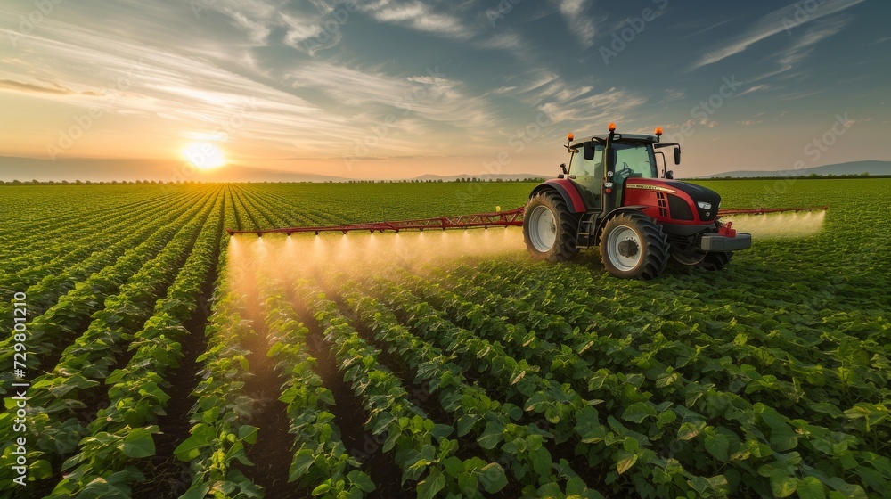 Tractor spraying pesticides fertilizer on soybean crops farm field Tractor spraying pesticides fertilizer on soybean crops farm field