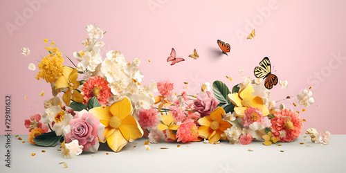 multicolored and white flowers on a pink background Beautiful white flowers on pastel pink and yellow background.