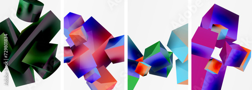 Flying 3d shapes, cubes and other geometric elements background design for wallpaper, business card, cover, poster, banner, brochure, header, website