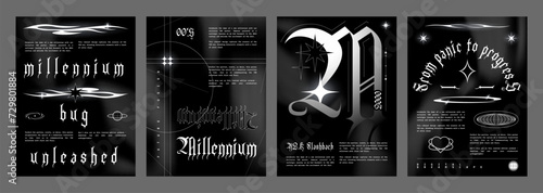 Poster design template in y2k grunge gothic style with grey abstract techno elements and graphic typography on black background. Punk retro futuristic 2000s aesthetic banner or placard layout. photo