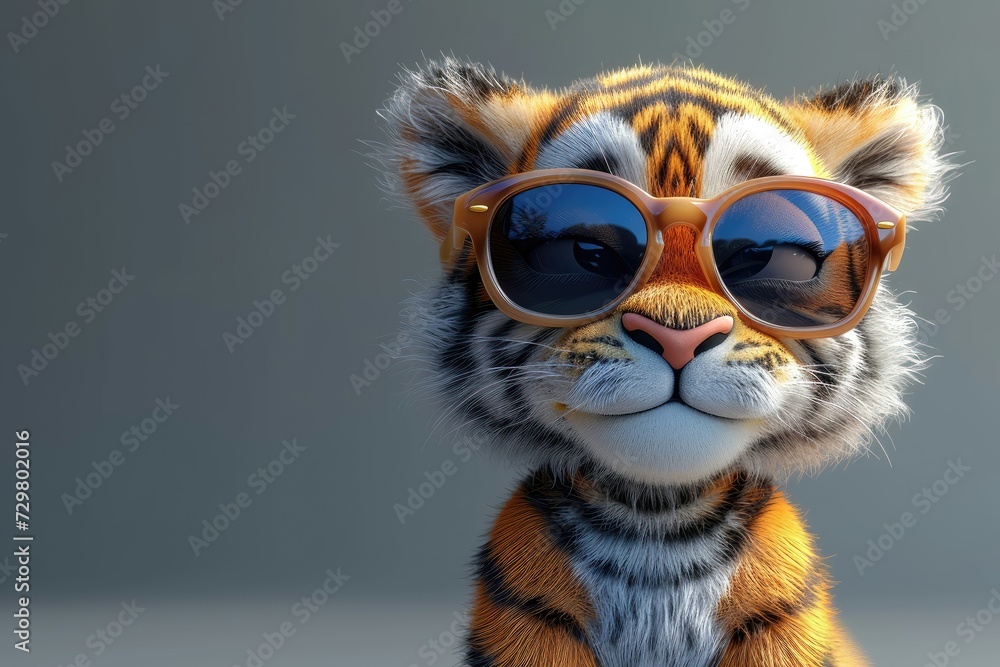 A tiger cub with oversized glasses, looking curiously at the viewer.