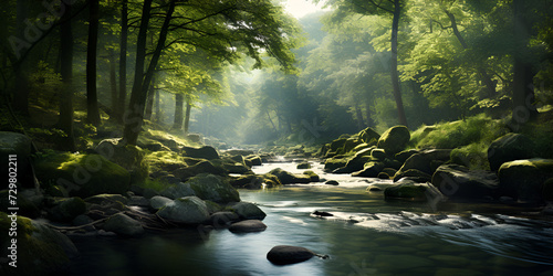 stream in the forest Nature Landscapes background Tranquil scene of a mountain range with flowing water and foliage.