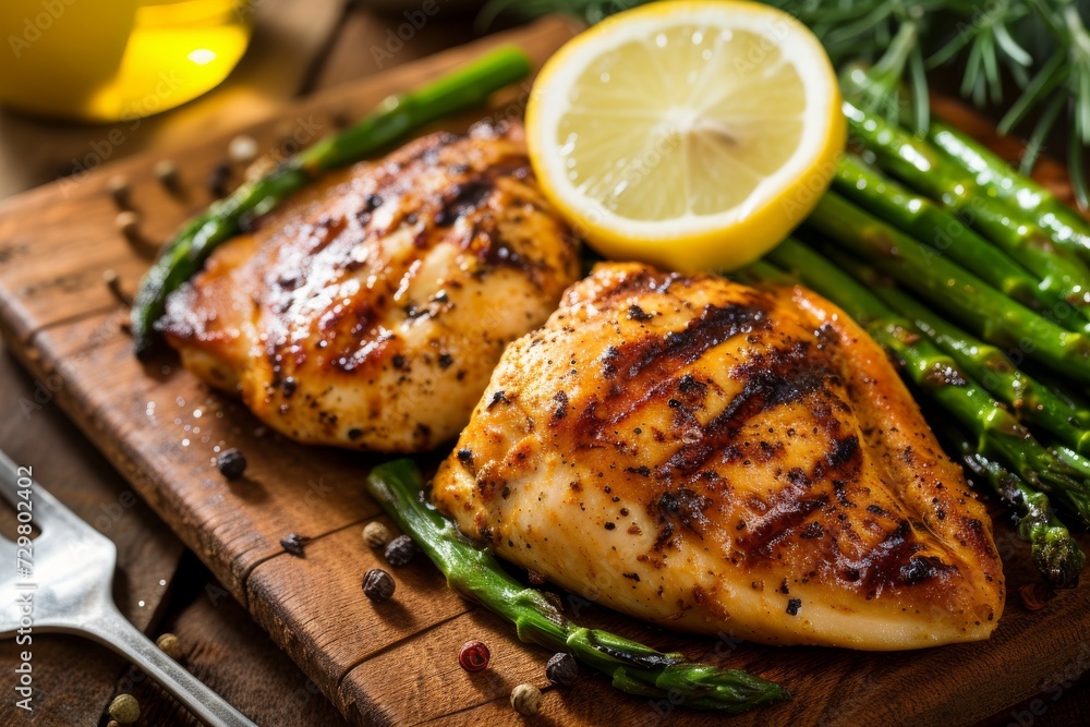 Grilled chicken breasts with asparagus and lemon on wooden board Grilled chicken breasts with asparagus and lemon on wooden board