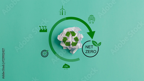 Ecology concept with paper ball trash and green recycle symbol.Zero waste, net zero concept. Carbon neutral. Climate-neutral long-term strategy. Sustainable business development. Reuse Reduce Recycle