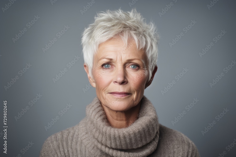 Portrait of a senior woman wearing a warm sweater over grey background Portrait of a senior woman wearing a warm sweater over grey background
