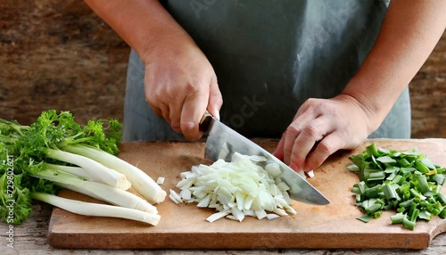 person cutting vegetables on a kitchen board, Professional Chef Finely Chopping Fresh Green Parsley on a Wooden Cutting Board. Culinary Arts and Fresh Ingredients Concept