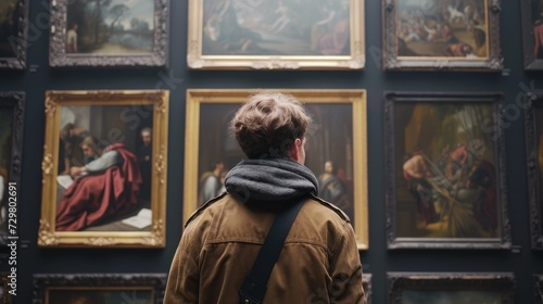 a man looking at paintings in an art museum
