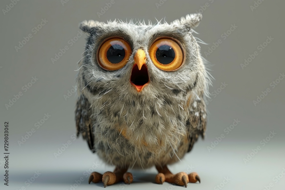 Obraz premium An adorable cartoon owl looks surprised with big orange eyes.