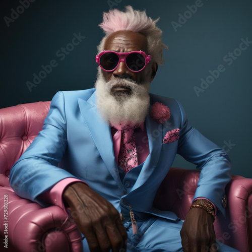 A portrait of an elderly African American man with a gray beard, wearing pink glasses, sitting in a pink chair, generative AI